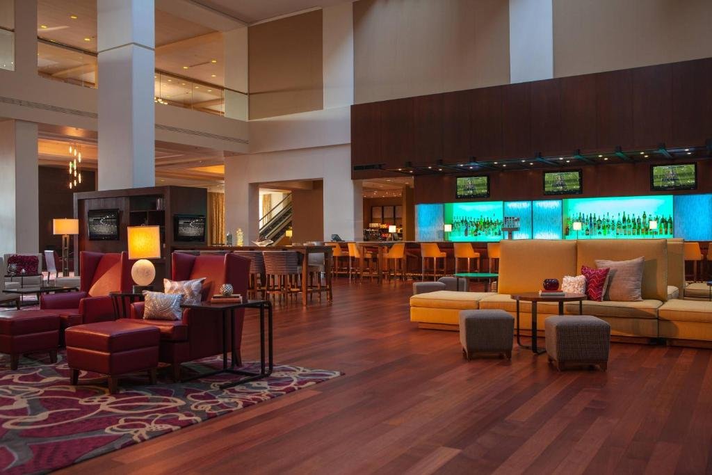 Stylish hotel lobby with bar and lounge seating